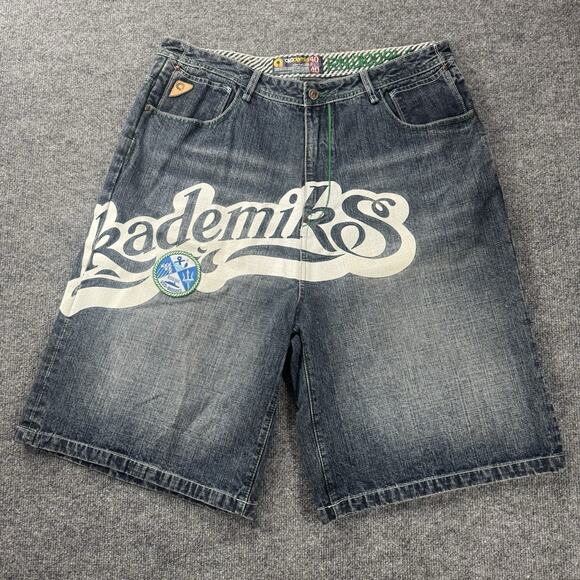 Vintage Y2K Akademiks Denim Jean Shorts Double Sided Graphic Print Baggy Size 40 - Picture 1 of 9